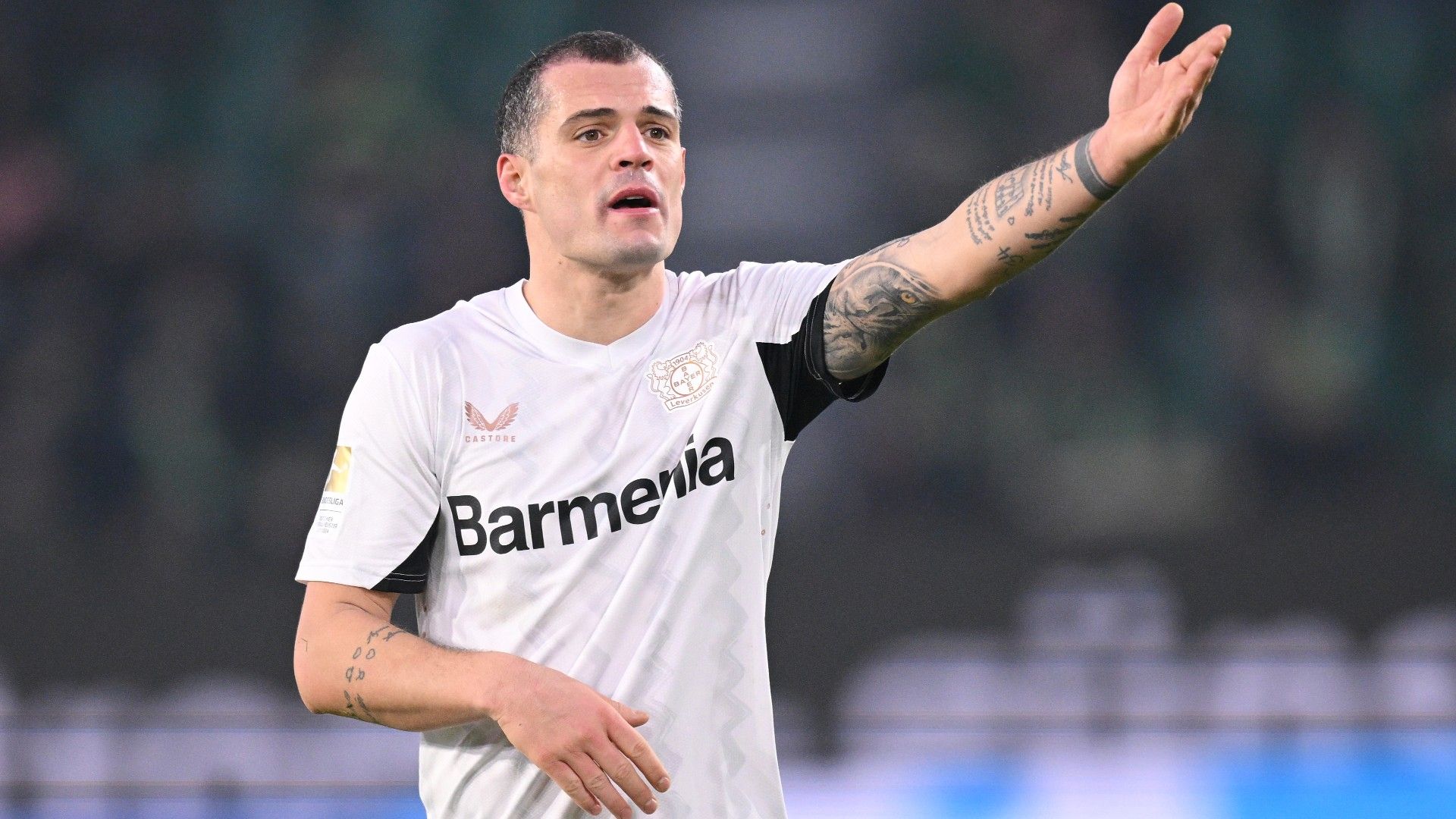 Granit Xhaka of Leverkusen gestures 