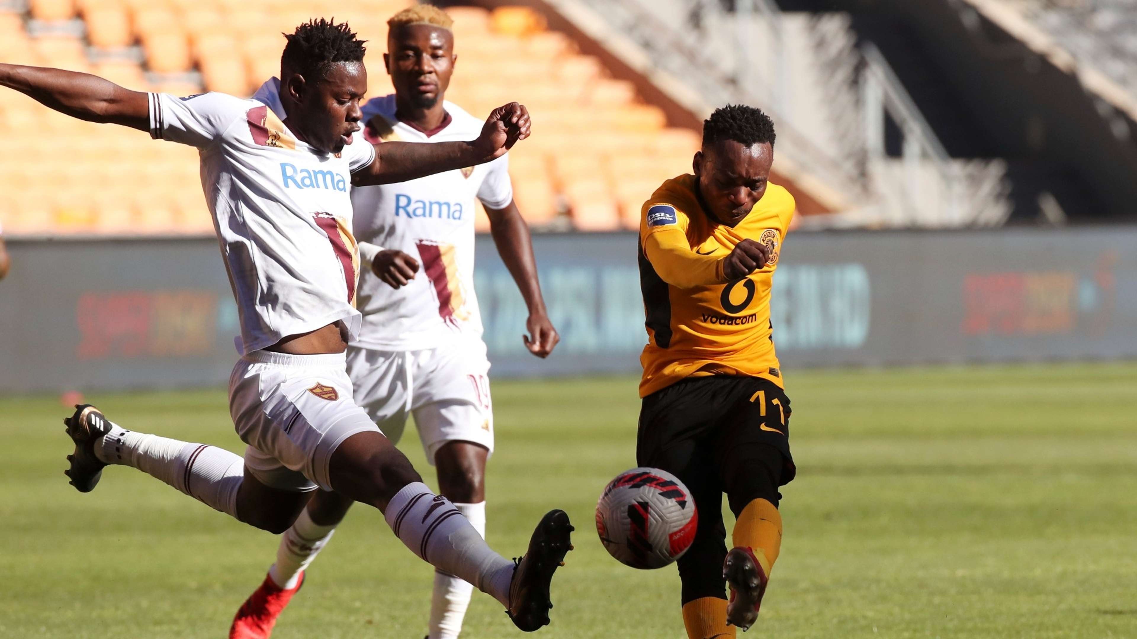 Khama Billiat of Kaizer Chiefs shot blocked by Zitha Kwinika of Stellenbosch FC, November 2021