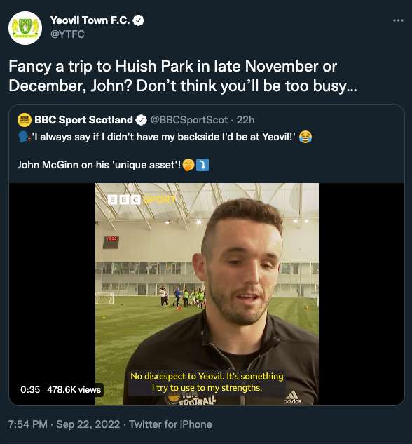 Yeovil tweet John McGinn 2022-23