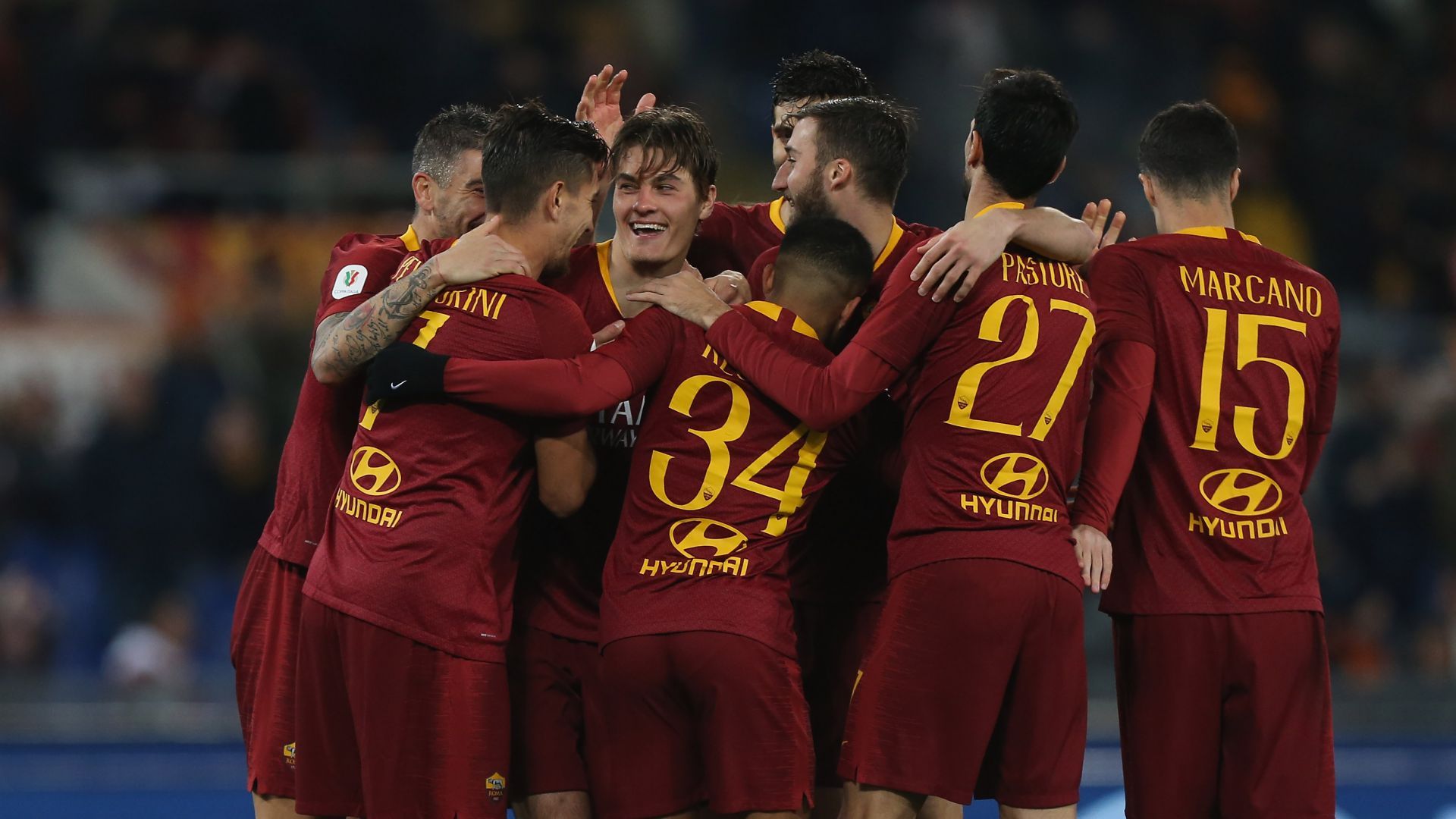 Roma players celebrating Roma Entella Coppa Italia