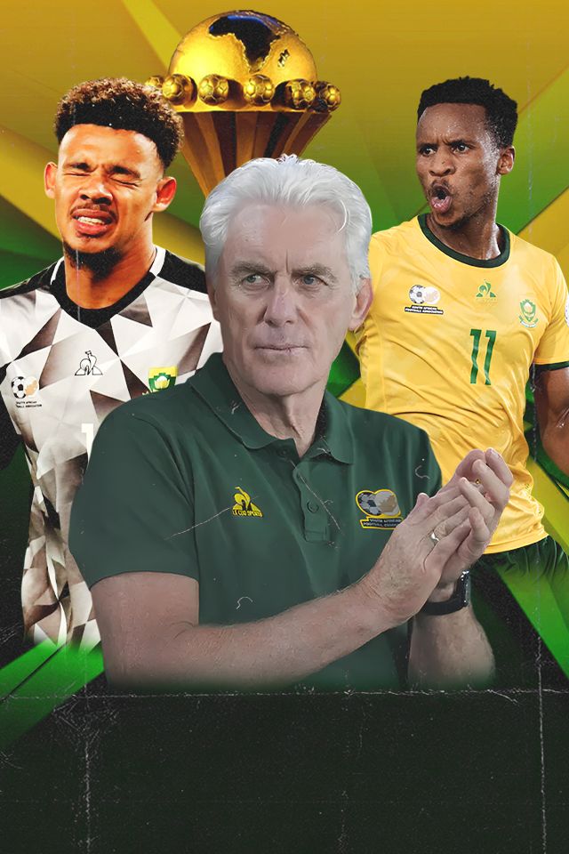 Hugo Broos, Ronwen Williams and Themba Zwane of Bafana Bafana
