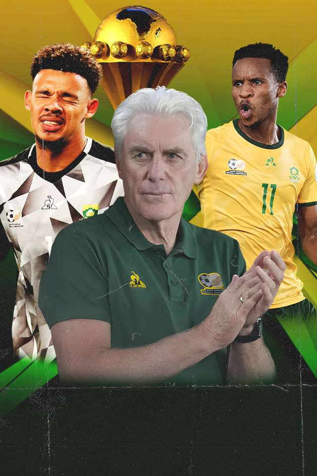 Hugo Broos, Ronwen Williams and Themba Zwane of Bafana Bafana
