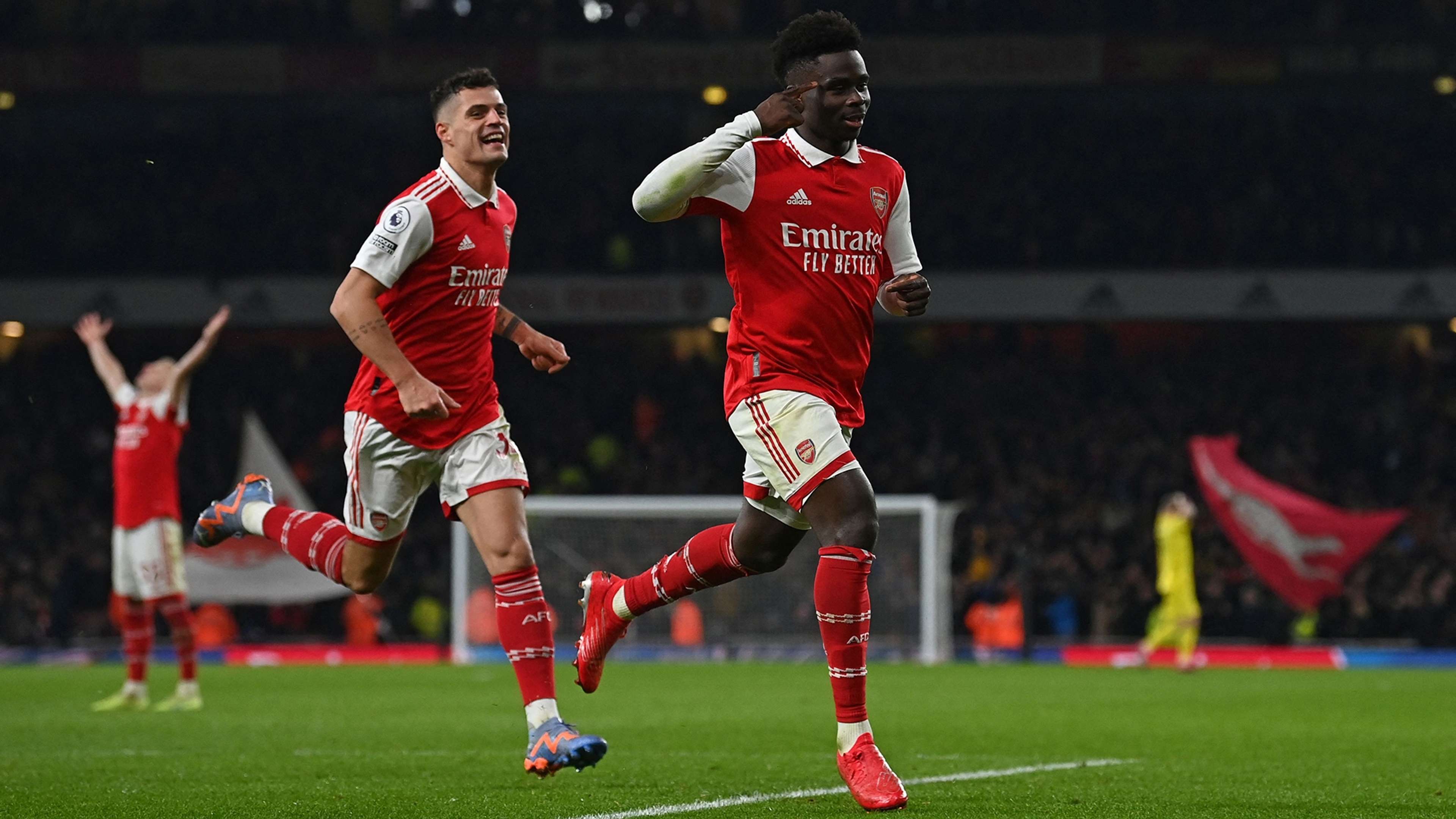 Bukayo Saka celebrates Arsenal Man Utd 2022-23
