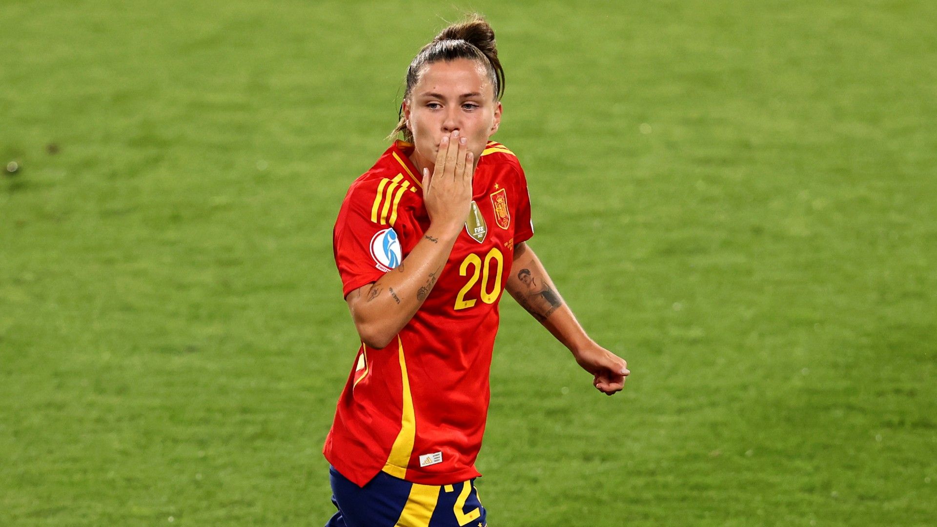 Claudia Pina of Spain celebrates scoring her team's second goal