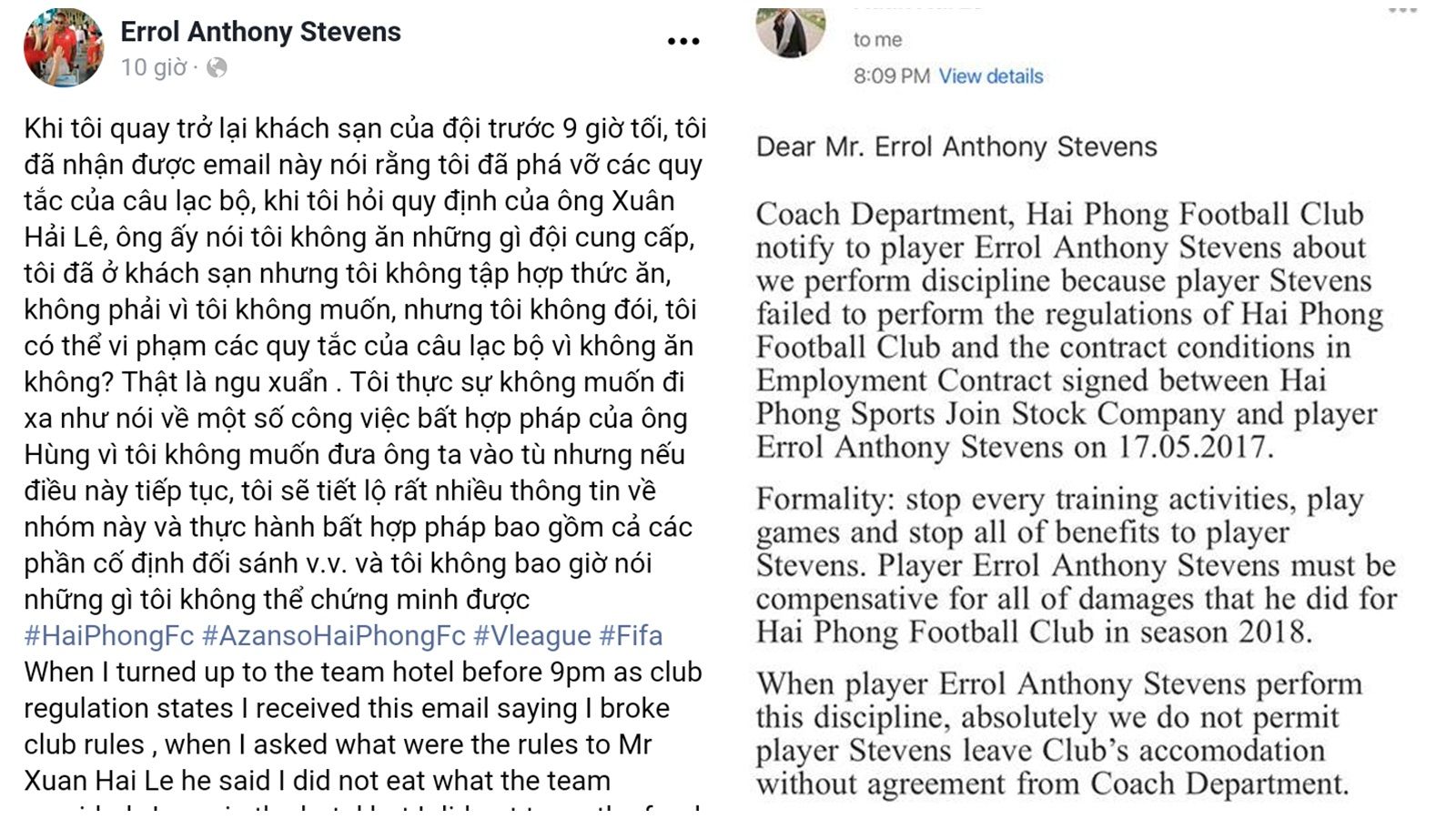Dòng trạng thái bất mãn của Errol Stevens