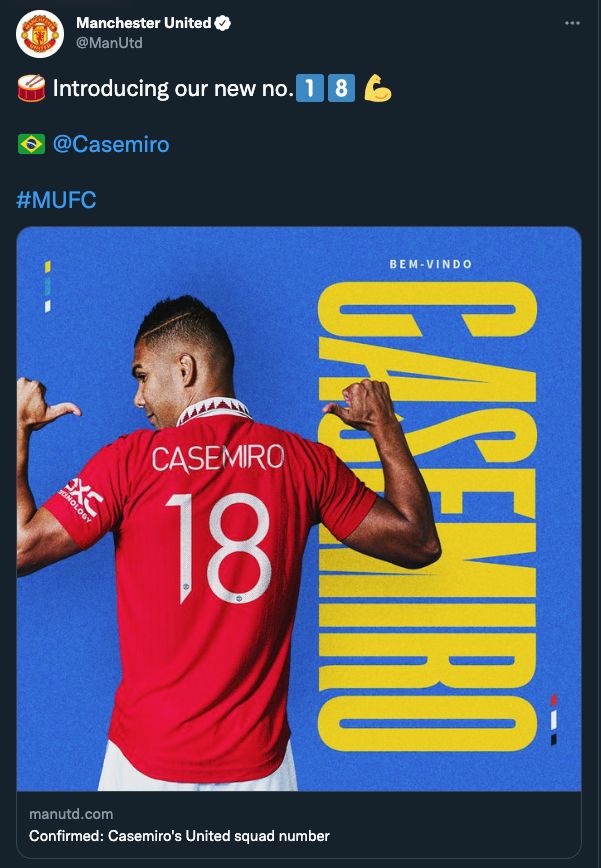 Casemiro no 18 Man Utd 2022-23