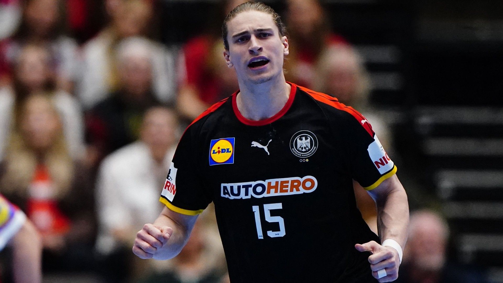 Germany's Juri Knorr reacts during the men's EHF Euro Cup Handball