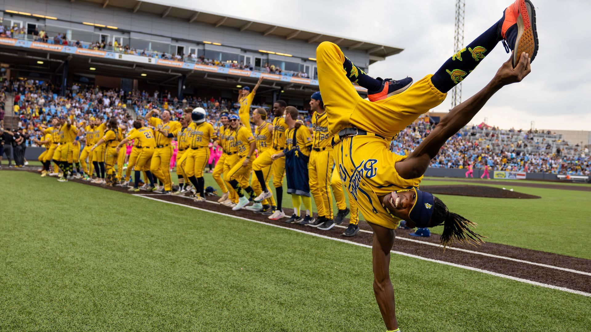 First Base Coach/Dance instructor Maceo Harrison of the Savannah Bananas performs a dance routine