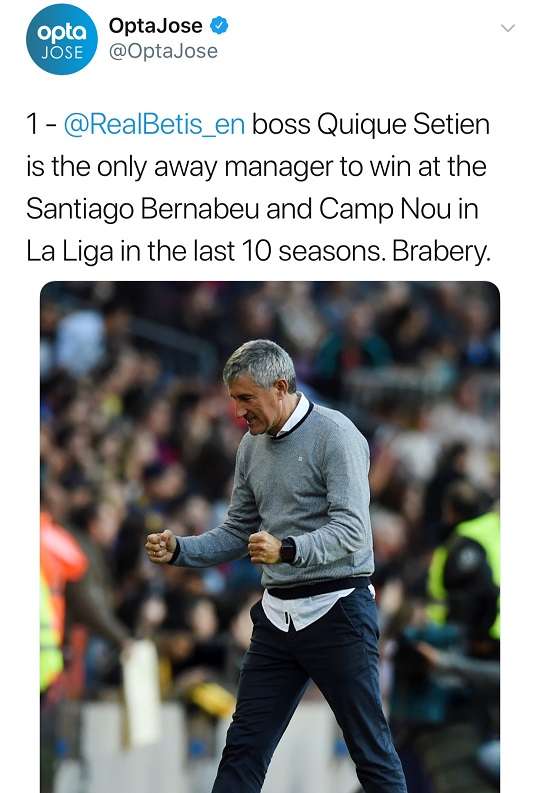 레알 마드리드, 바르셀로나 원정에서 모두 승리한 경험이 있는 레알 베티스 키케 세티엔 감독. 사진 및 정보 출처=옵타호세 트위터