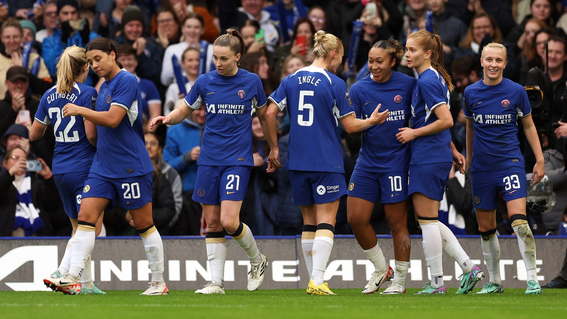 Chelsea women celebrating Lauren James goal 2023