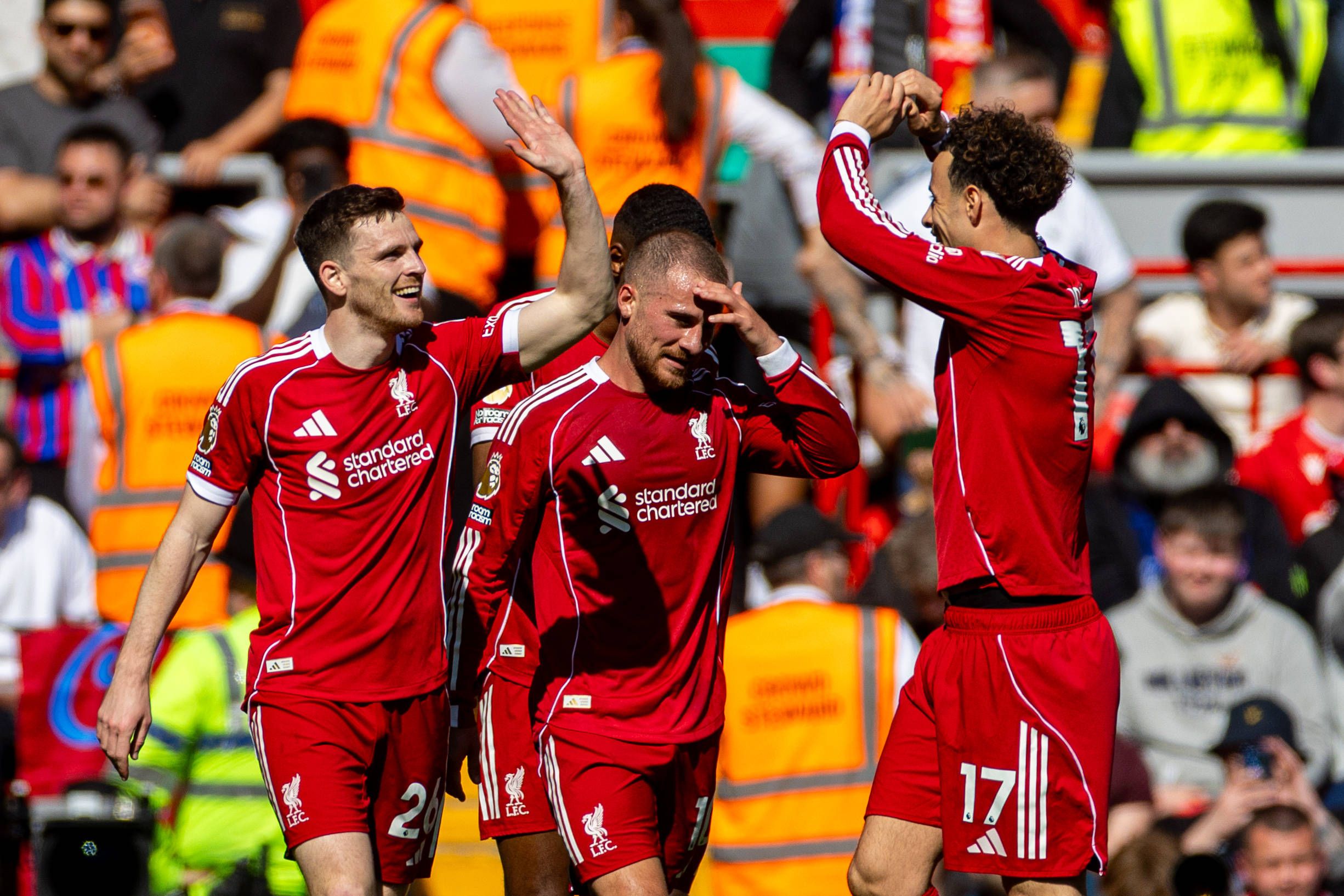Football - FA Premier League - Liverpool FC v Crystal Palace FC LIVERPOOL, ENGLAND - Saturday, April 25, 2026: Liverpool s Andy Robertson celebrates with team-mate Curtis Jones (R) after scoring the second goal during the FA Premier League match between Liverpool FC and Crystal Palace FC at Anfield. (Photo by David Rawcliffe Propaganda) LIVERPOOL Anfield MERSEYSIDE ENGLAND Copyright: xDavidxRawcliffex P2026-04-25-Liverpool_Crystal_Palace-72