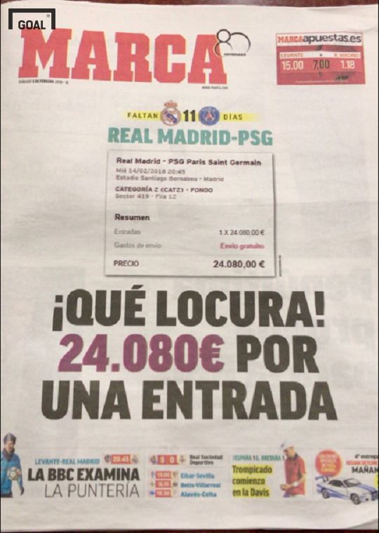 스페인 신문 마르카는 레알과 PSG의 챔피언스리그 16강전 고액의 암표를 “QUÉ LOCURA(미친 가격)"라고 보도했다. 사진=골닷컴 이하영 에디터