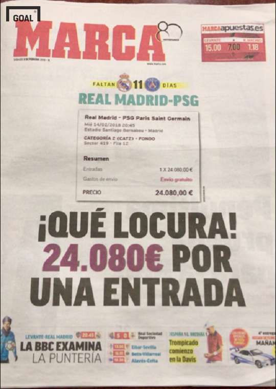 스페인 신문 마르카는 레알과 PSG의 챔피언스리그 16강전 고액의 암표를 “QUÉ LOCURA(미친 가격)"라고 보도했다. 사진=골닷컴 이하영 에디터
