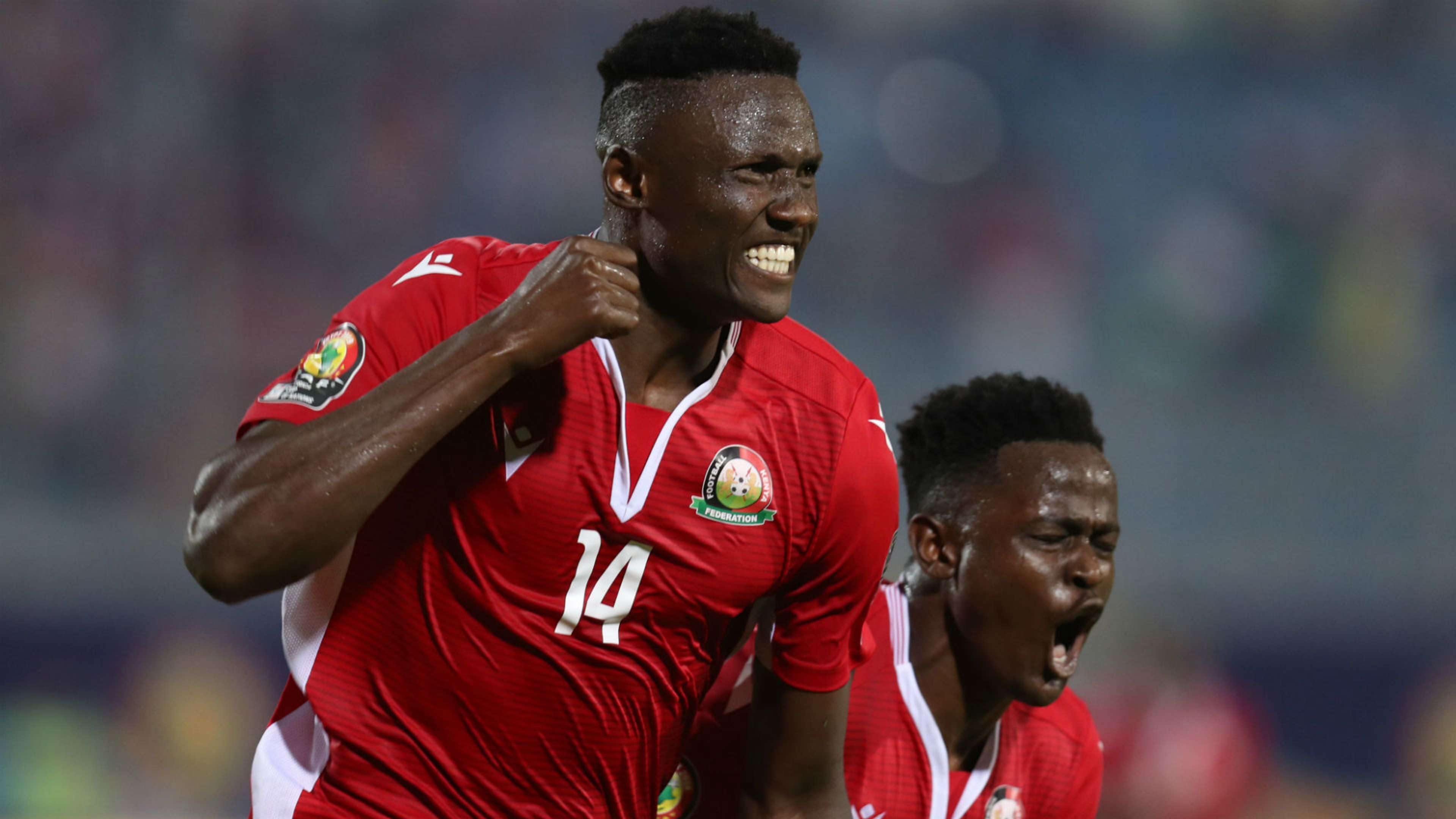 Michael Olunga of Kenya celebrates goal against Tanzania.