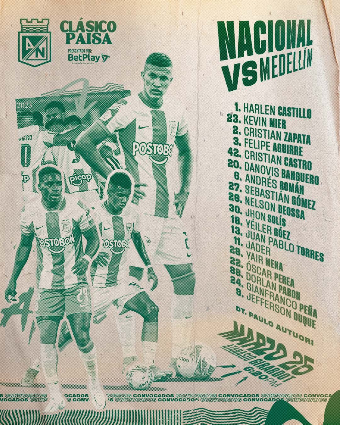 Convocados Atlético Nacional Fecha 10 Liga BetPlay 2023