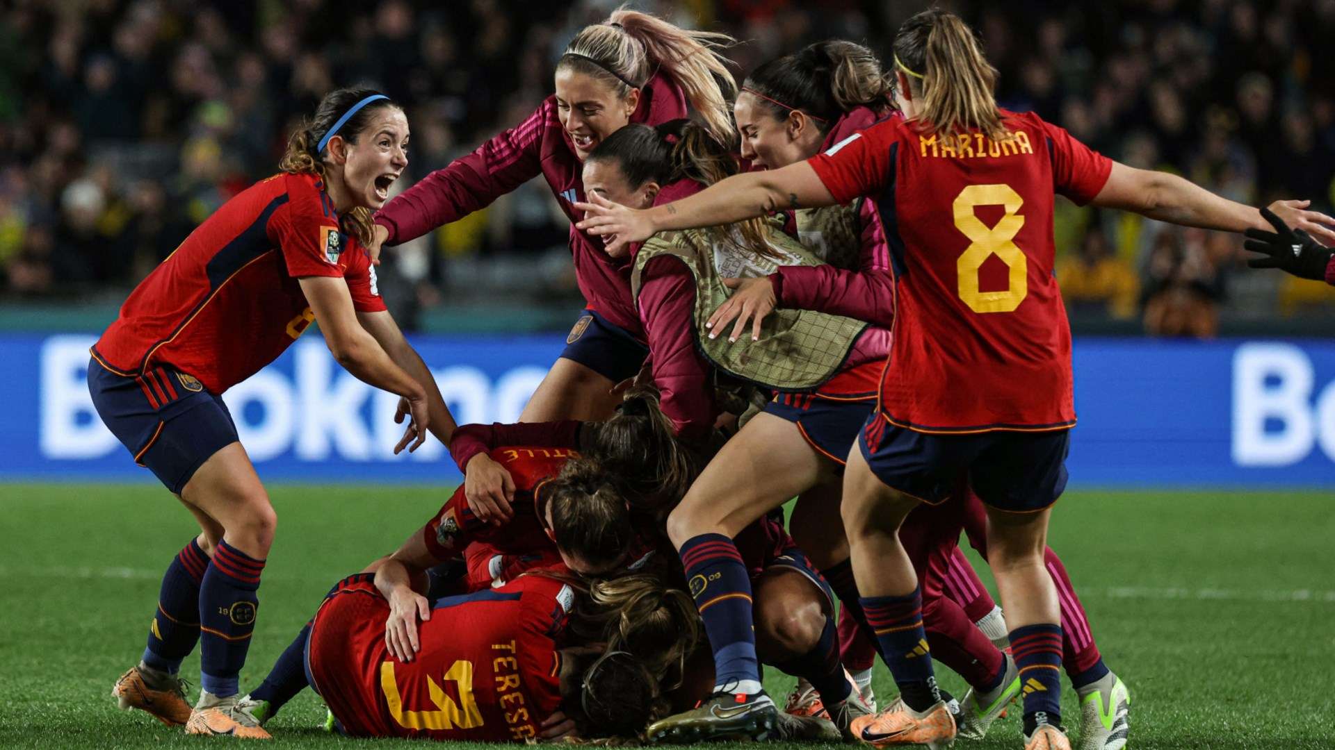 Spain celebrate Olga Carmona's late goal against Sweden at Women's World Cup