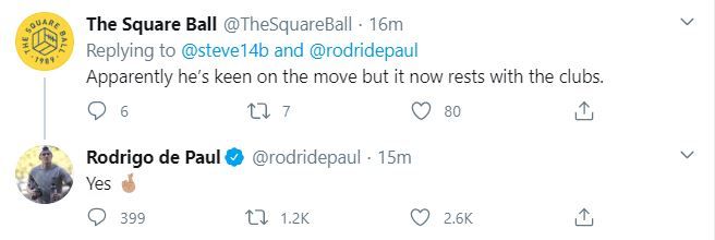 EMBED ONLY Rodrigo De Paul tweet, Leeds, Udinese