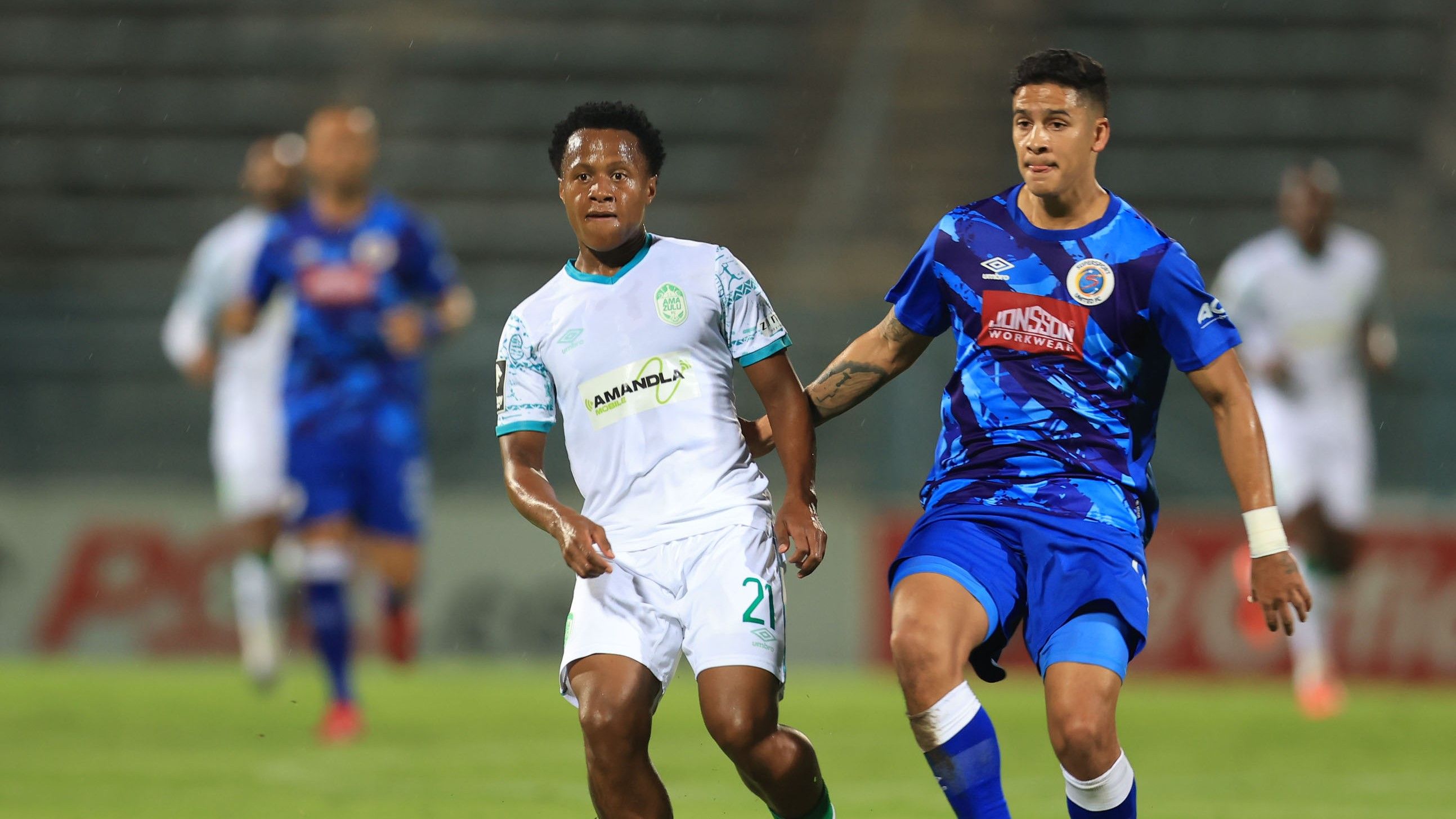 Rowan Human of AmaZulu in action against Brooklyn Poggenpoel of SuperSport United.