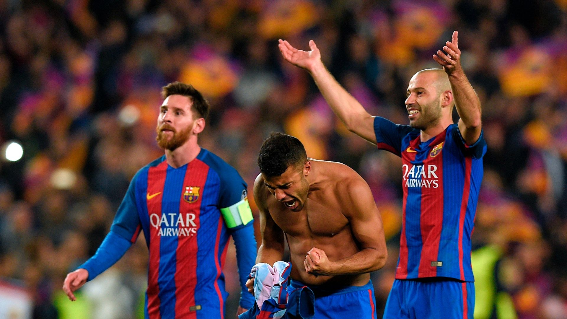 Messi, Rafinha e Mascherano  Barcelona x PSG 08032017 Champions League