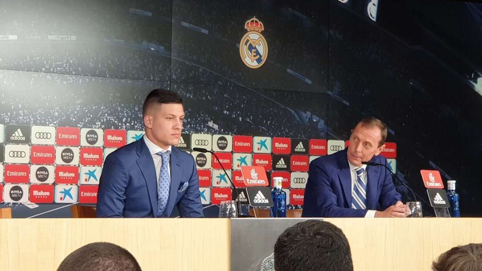 Luka Jovic and Emilio Butragueño during his unveiling with Real Madrid