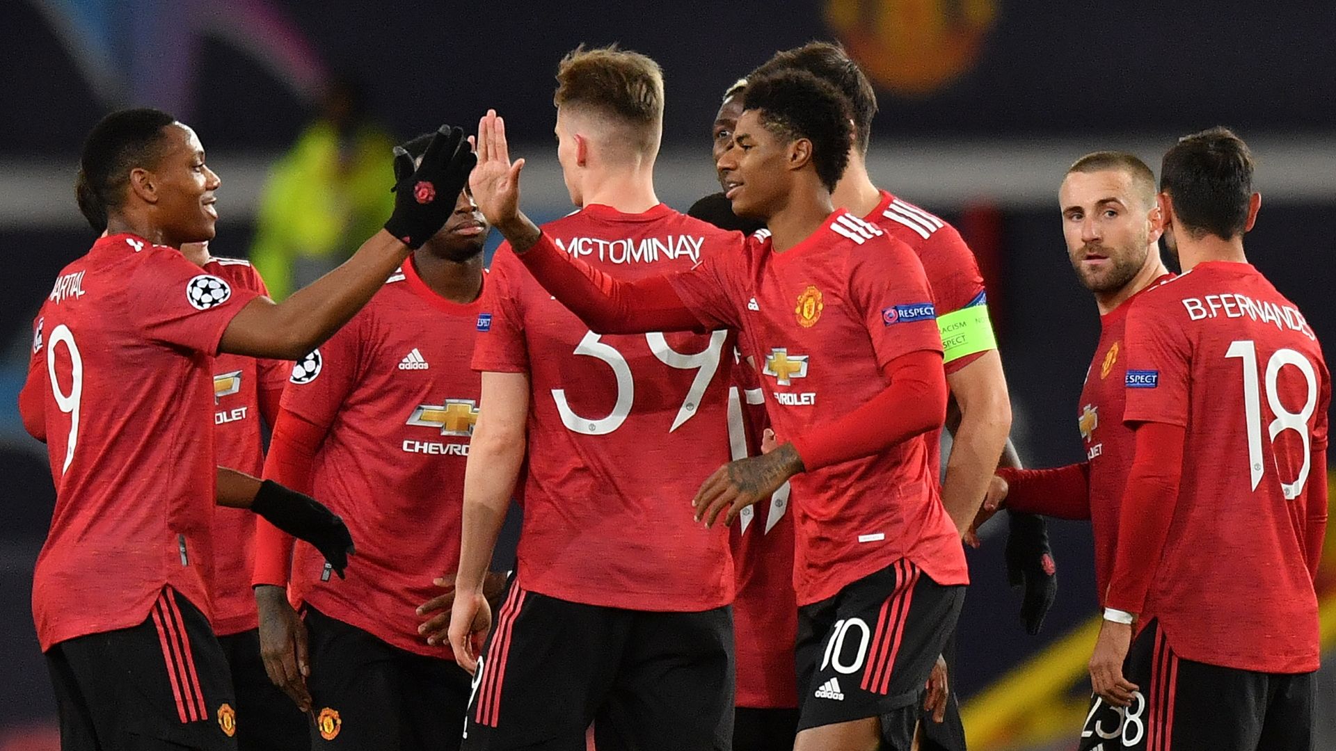 Man Utd celebrate Marcus Rashford goal vs RB Leipzig, 2020-21