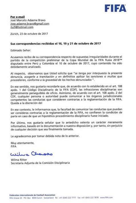 Carta FIFA Pacto de Lima Colombia Peru