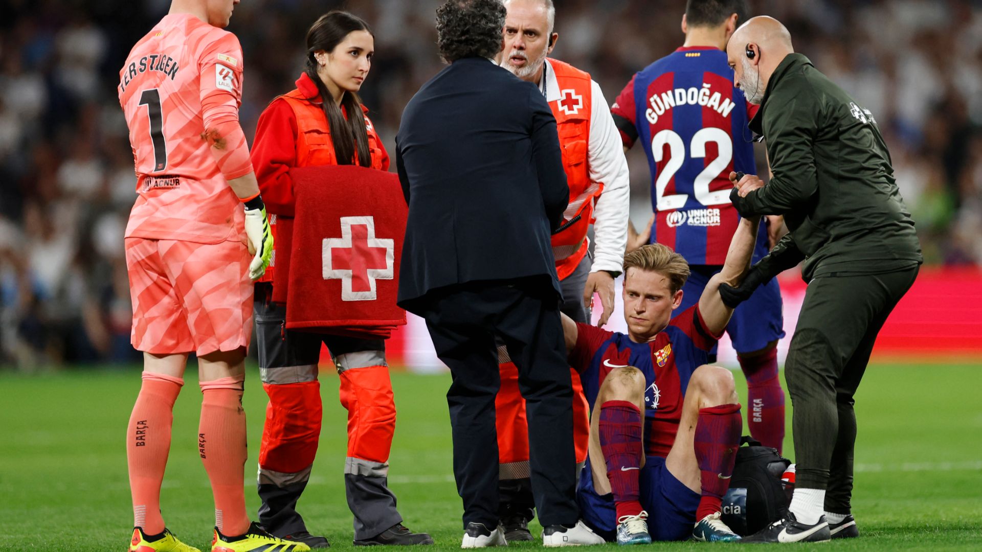 Frenkie de Jong breaks down in tears as Barcelona midfielder stretchered  off during Clasico clash with Real Madrid just months before Euro 2024 |  Goal.com