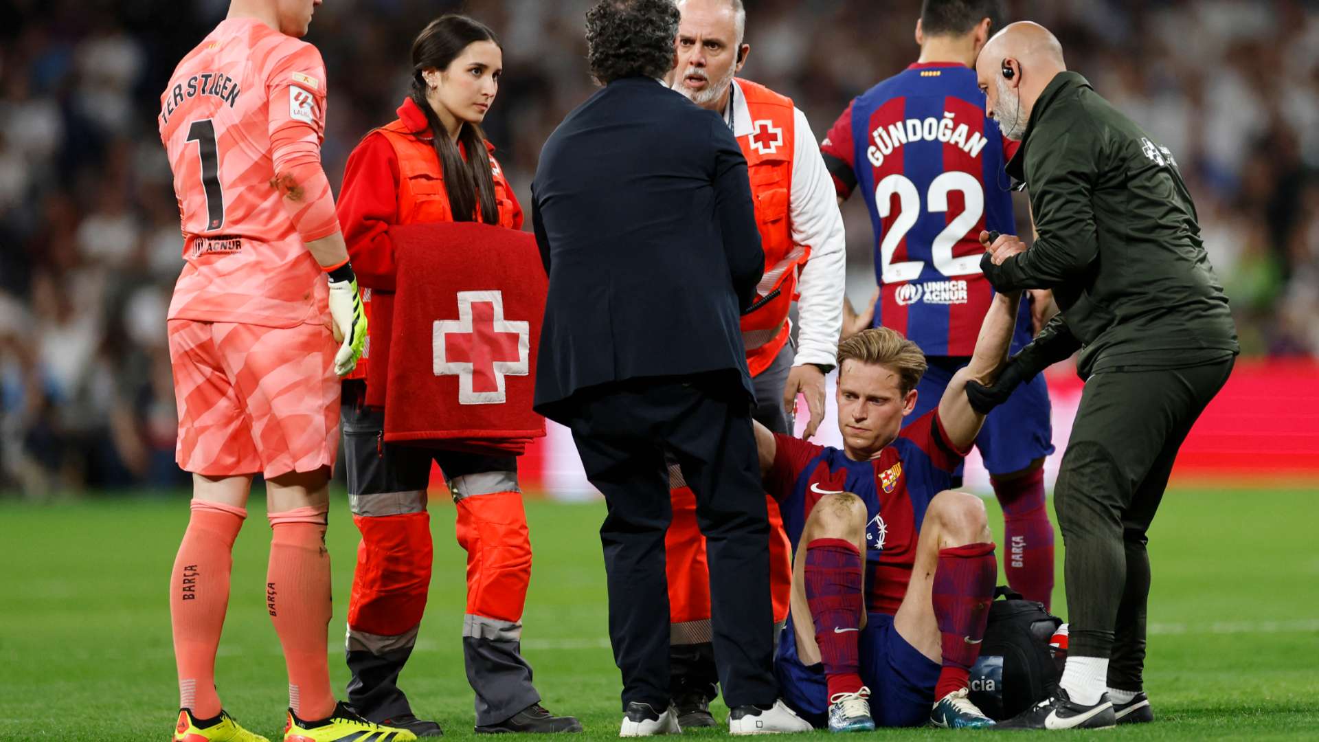 Frenkie de Jong breaks down in tears as Barcelona midfielder stretchered  off during Clasico clash with Real Madrid just months before Euro 2024 |  Goal.com