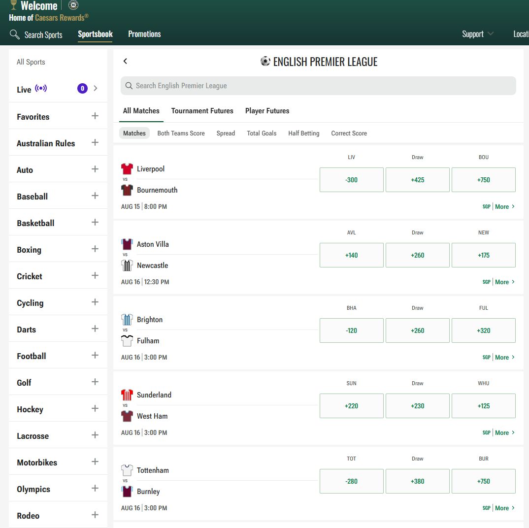 caesars premier league betting