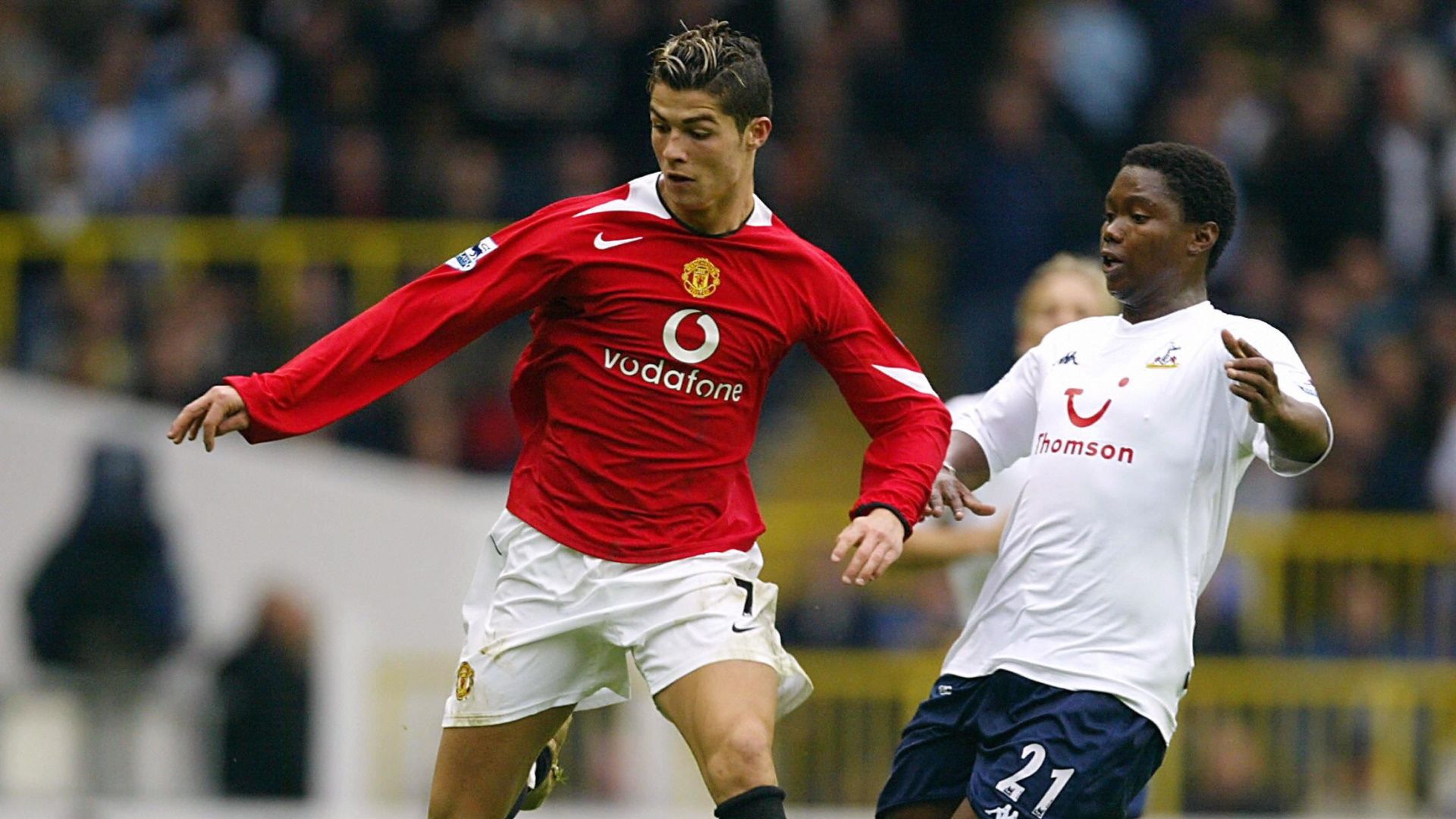 Mbulelo Mabizela challenges Cristiano Ronaldo, Tottenham Hotspur vs Manchester United , September 2004