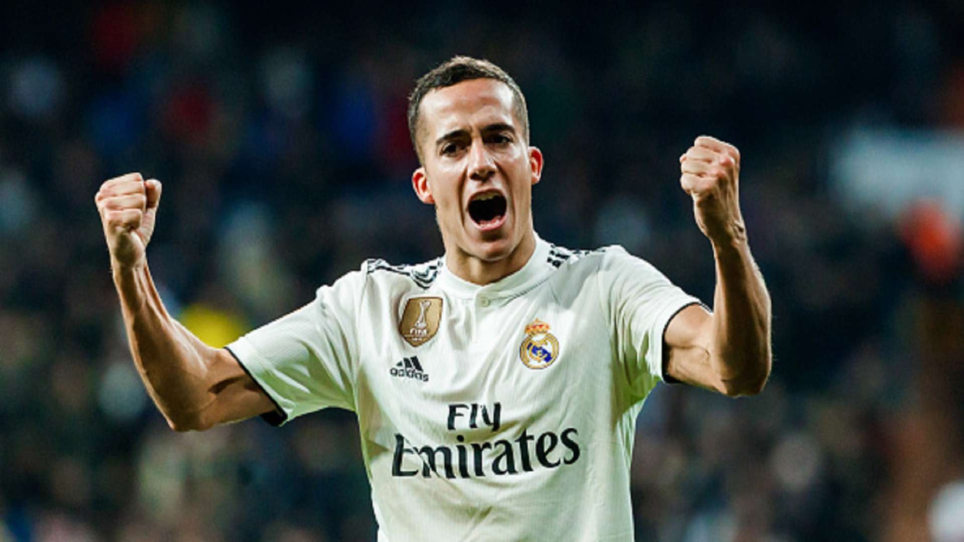 Lucas Vazquez of Real Madrid celebrates after scoring his team`s first goal during a La Liga match between Real Madrid v Valencia at the Santiago Bernabeu on December 1, 2018