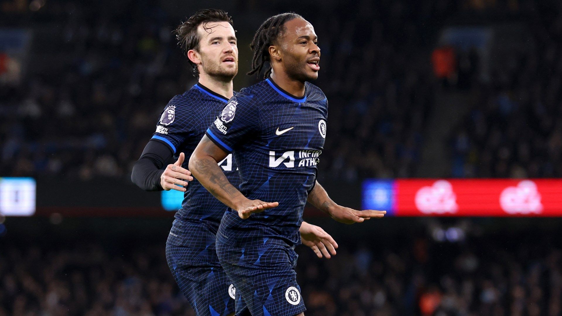 Raheem Sterling celebrating scoring for Chelsea against Man City 2023-24