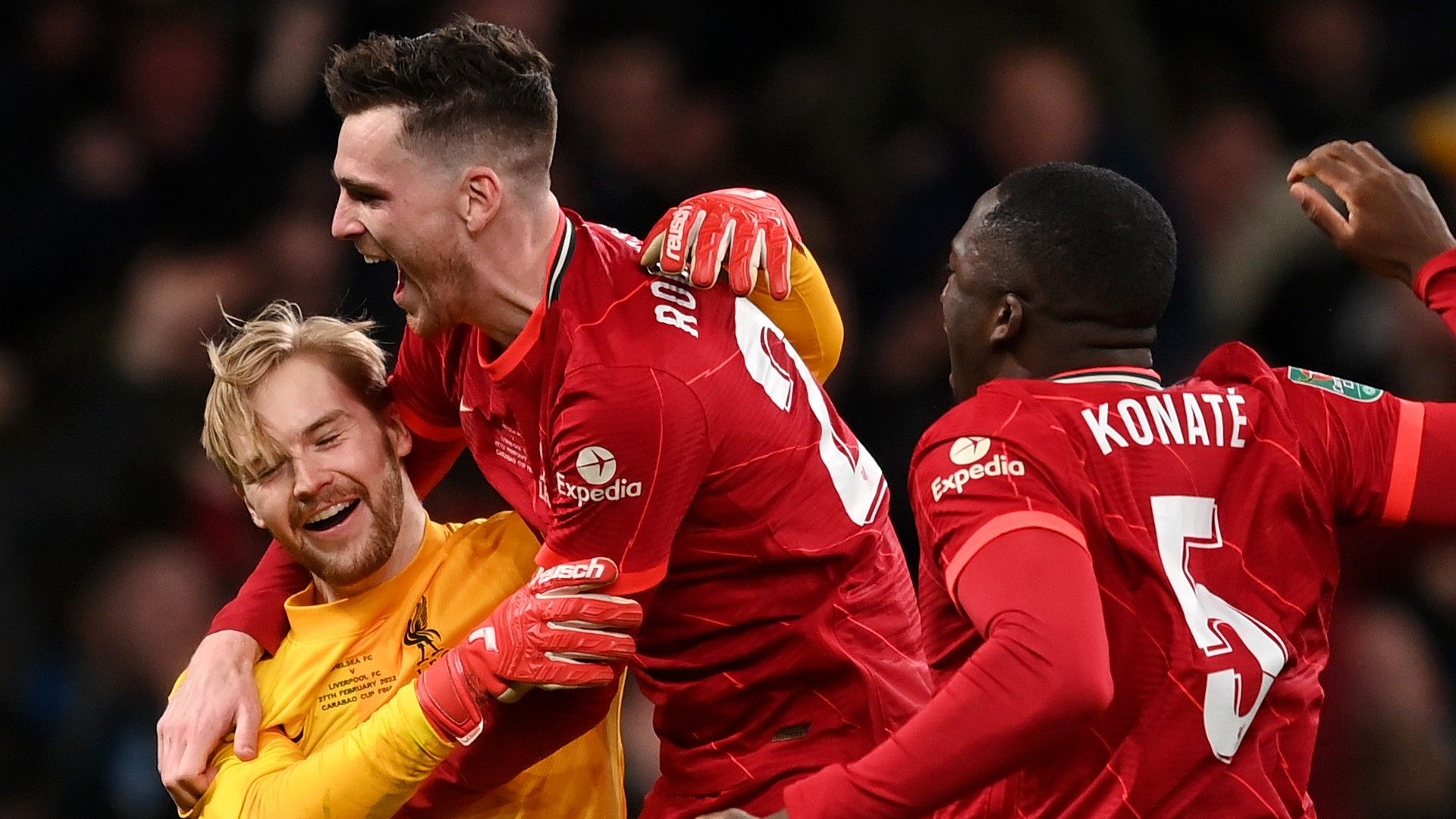 Caoimhin Kelleher Andy Robertson Ibrahima Konate Liverpool Carabao Cup final 2022