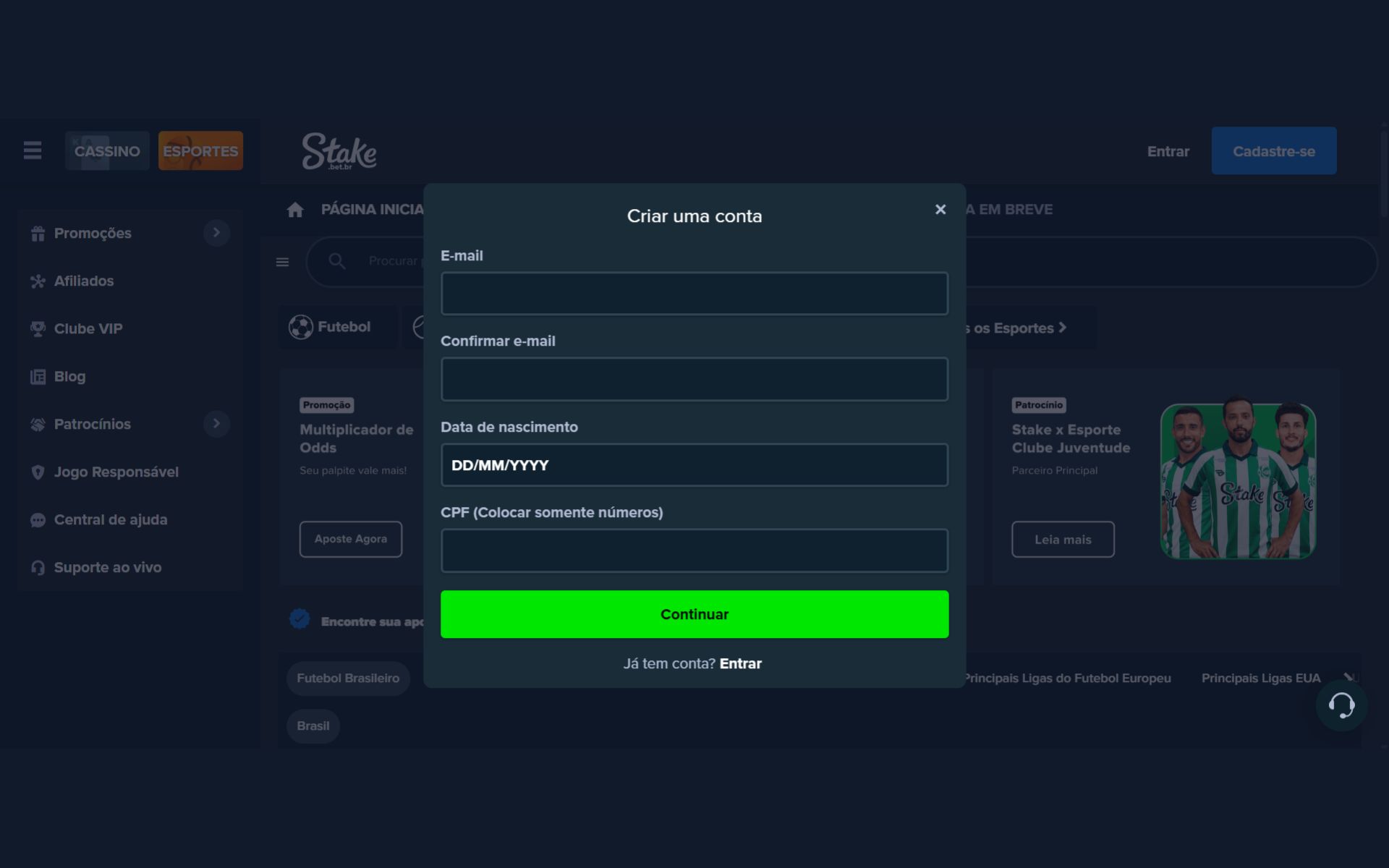 Formulário de cadastro na Stake