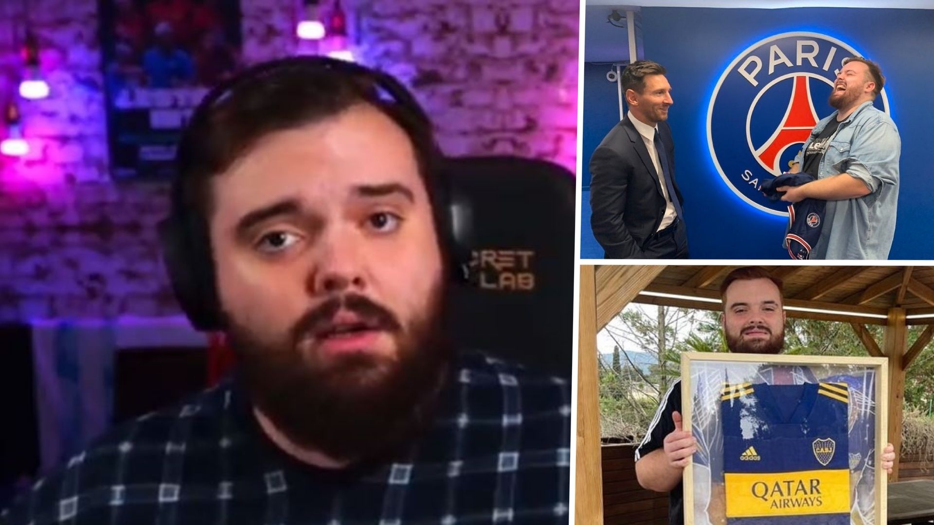 Ibai Llanos en un stream de Twitch y posando con Messi y la playera de Boca