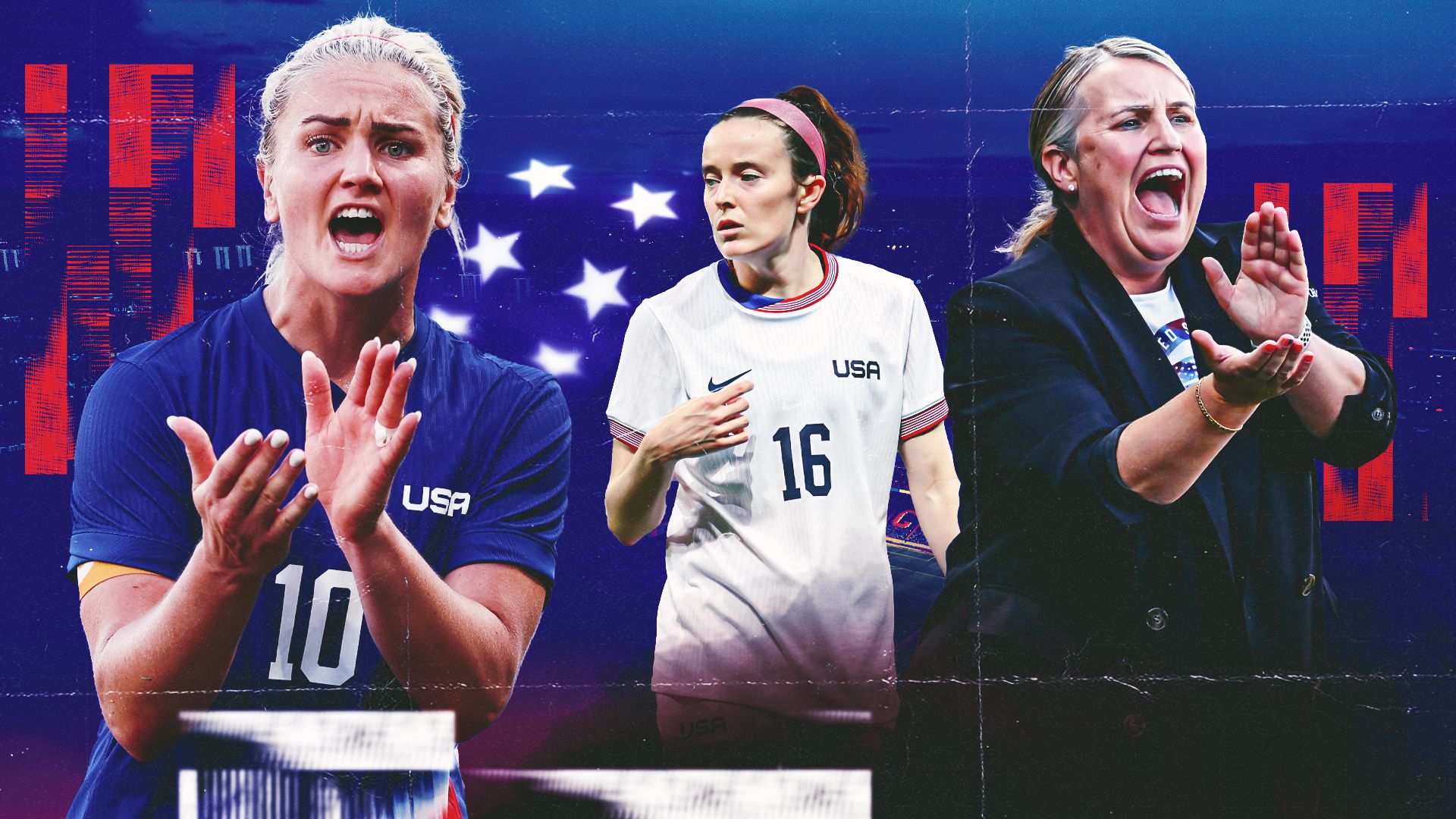 Lindsey Horan, Rose Lavelle, Emma Hayes USWNT
