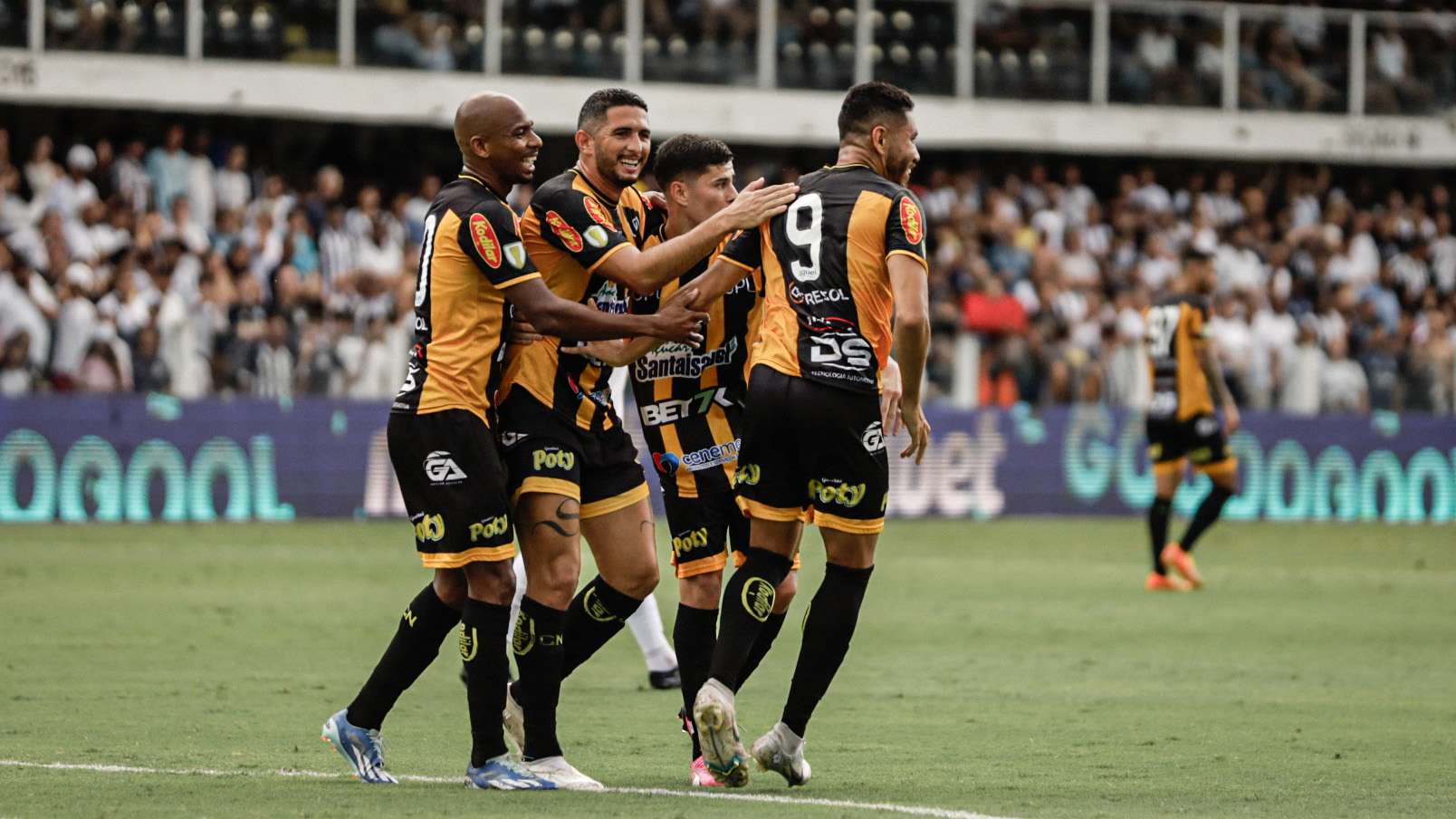 Time do Novorizontino comemora gol contra o Santos