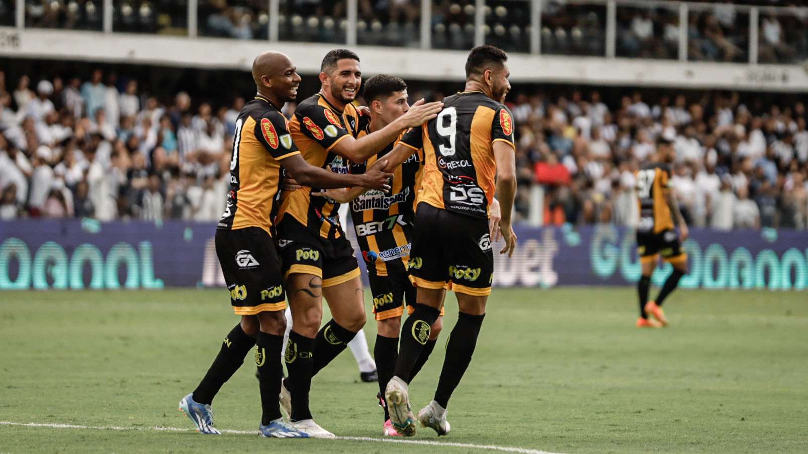 Time do Novorizontino comemora gol contra o Santos