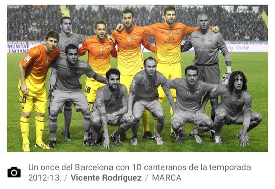 28일(현지시간) 스페인 매체 마르카가 보도한 2012-2013시즌 FC바르셀로나의 베스트일레븐 사진, 이니에스타를 포함해 팀을 떠난 선수들은 흑백처리했다. 사진 출처 = 마르카 인터넷판