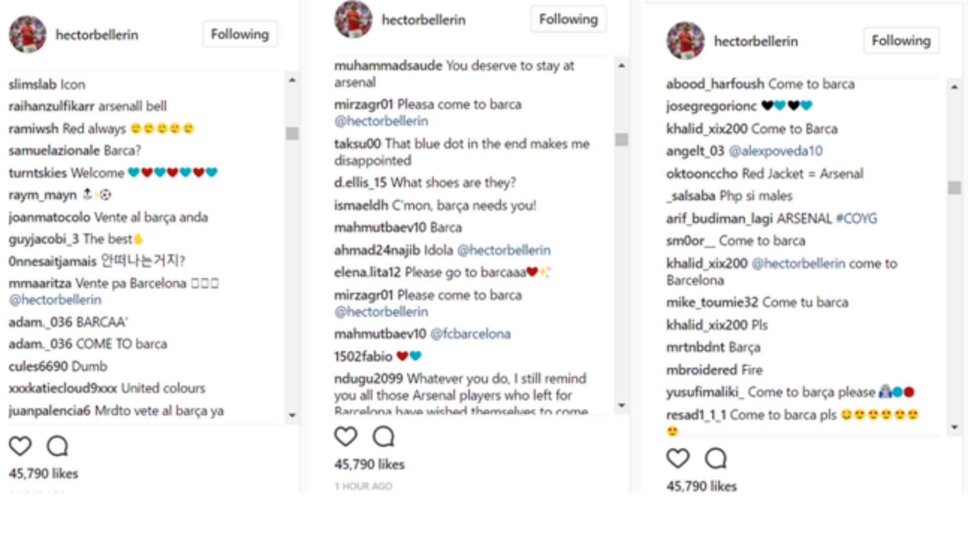 Hector Bellerin Arsenal Barca Insta comments