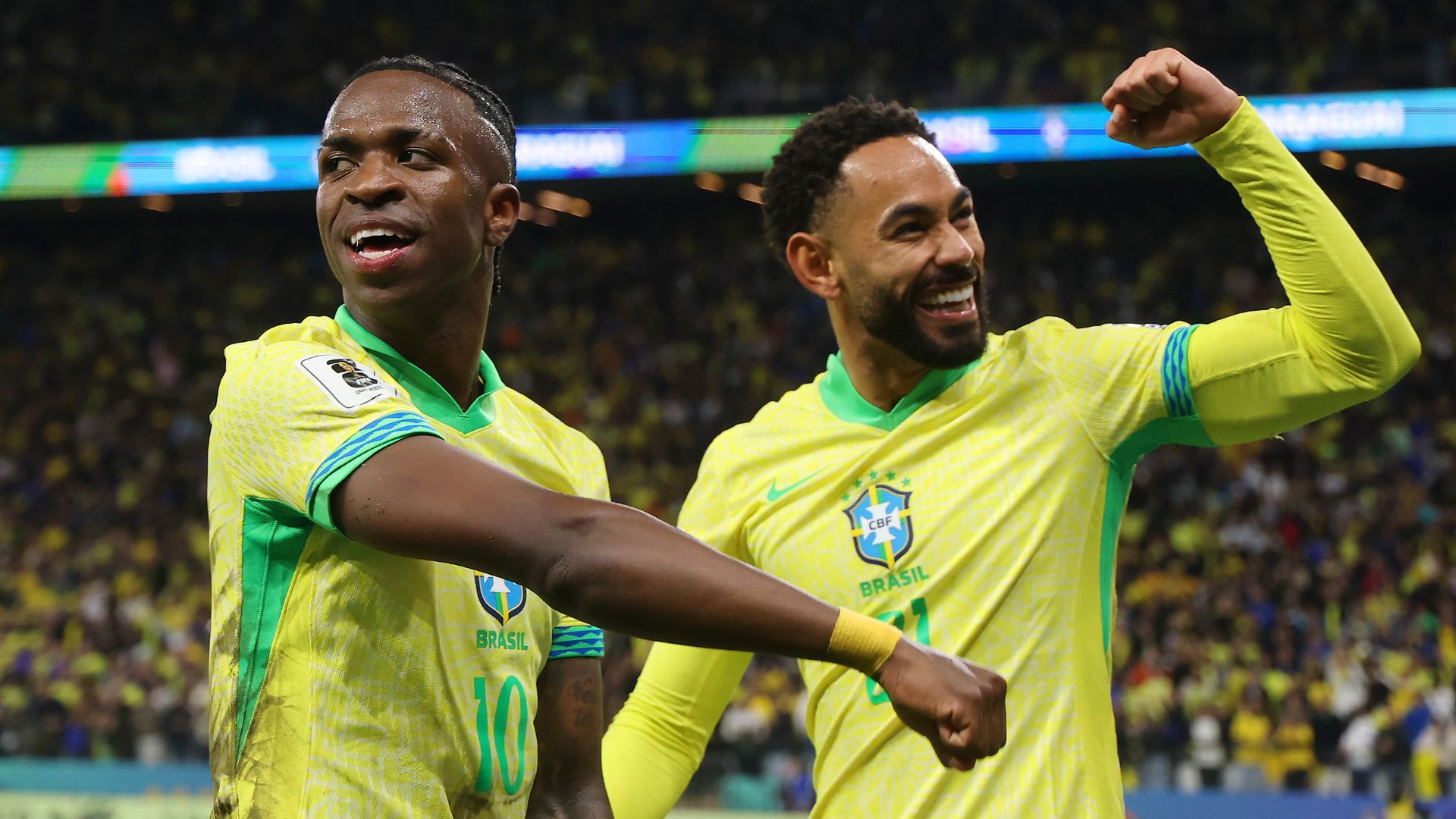 Vinicius Junior and Matheus Cunha of Brazil celebrate after scoring