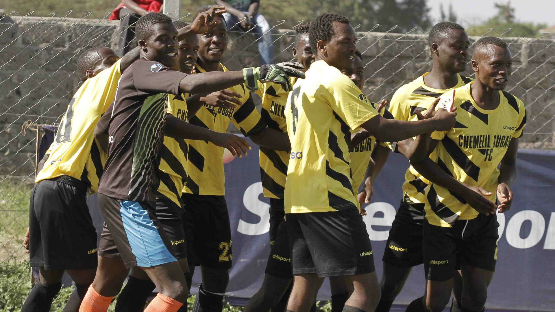Chemelil Sugar players celebrate after scoring the winning goal against Sony Sugar. Chemelil won 2-1.