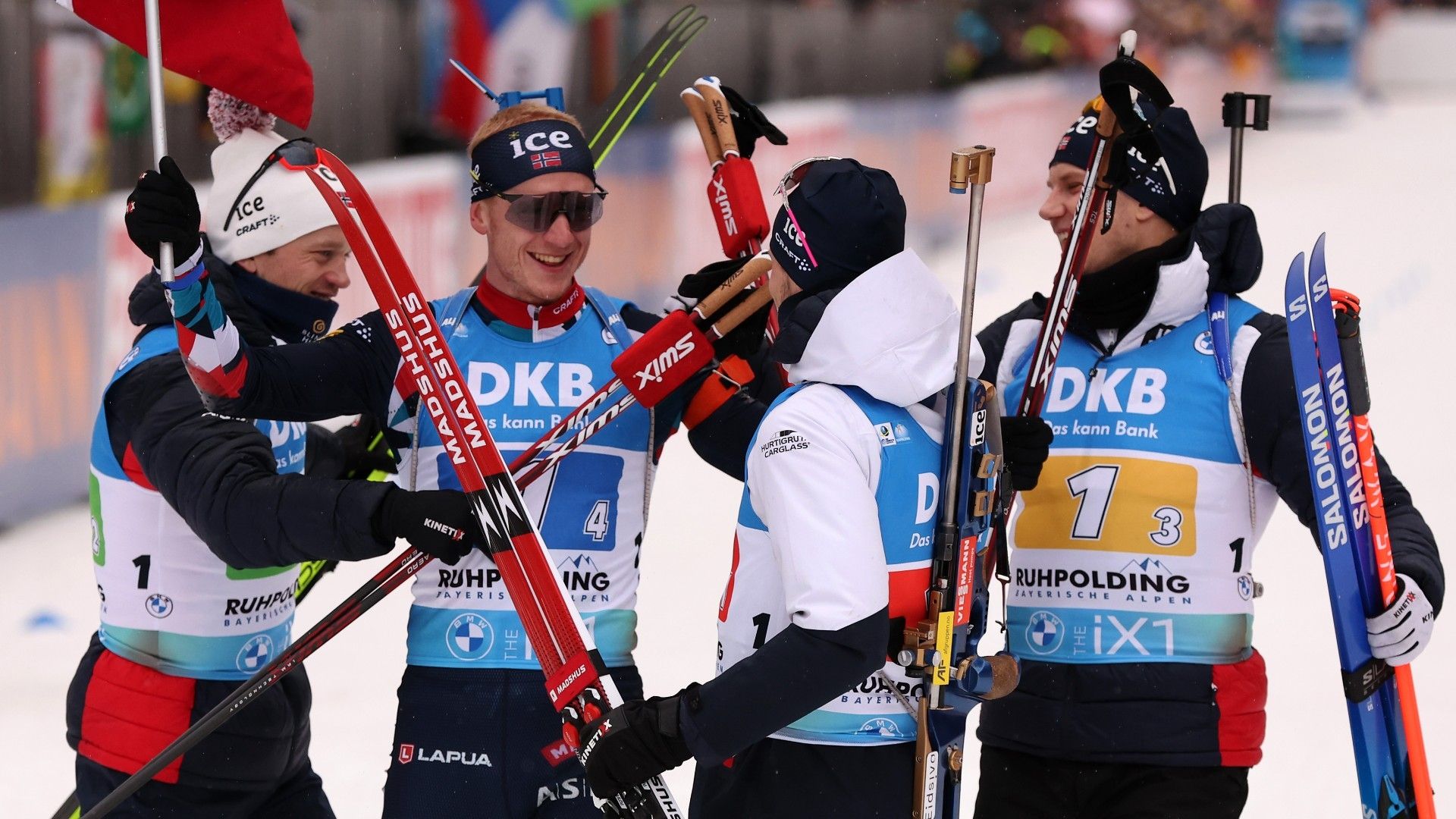 Sturla Holm Laegreid, Tarjei Boe, Vetle Sjaastad Christiansen and Johannes Thingnes Boe of Norway celebrate winning