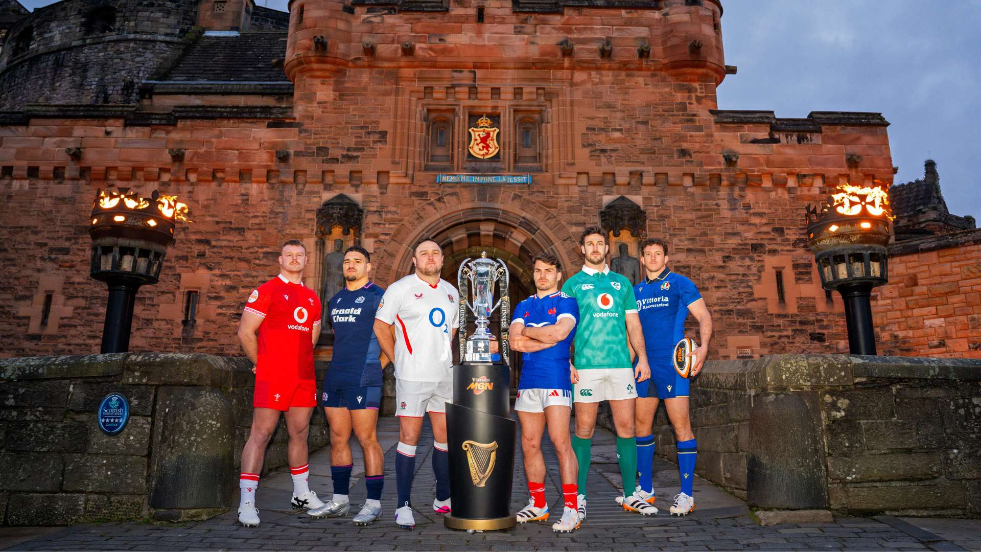 Captains pose with the trophy during the 6 Nations rugby union tournament media launch