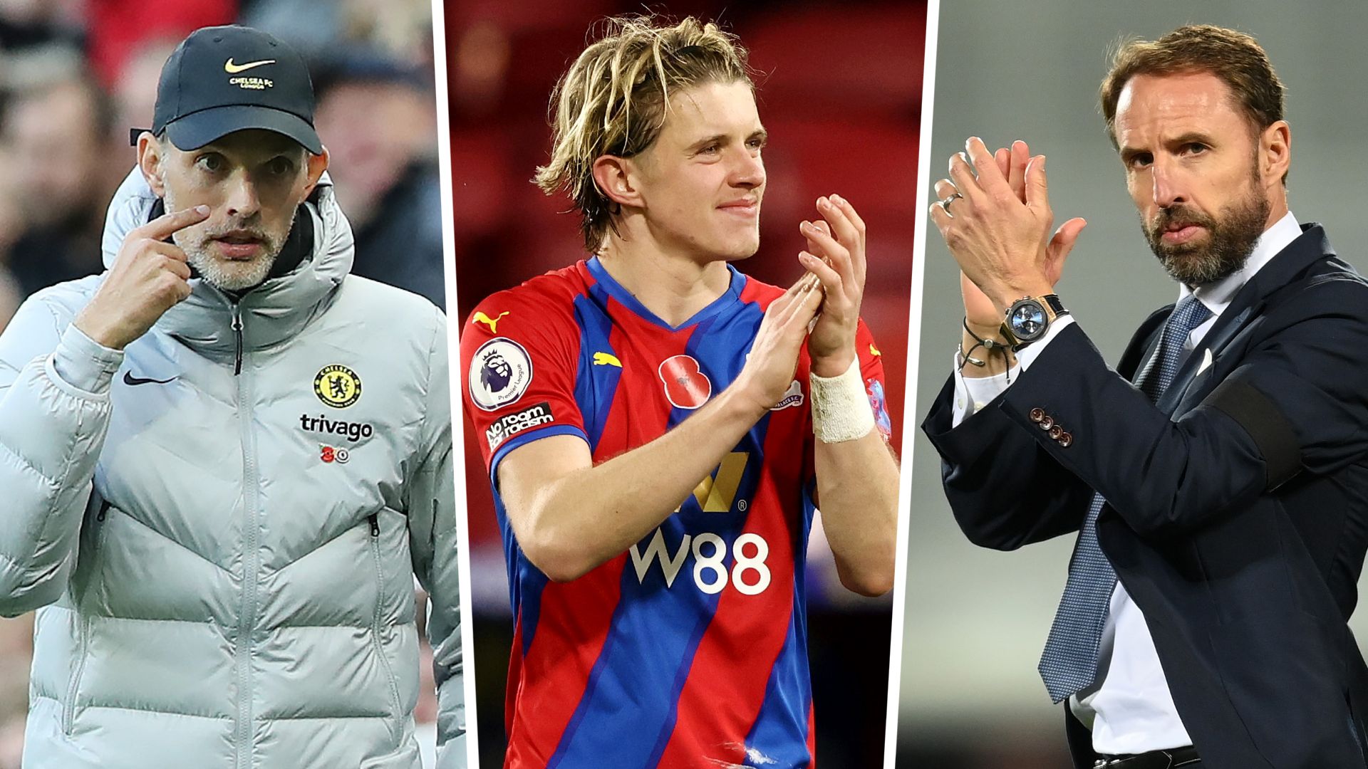 Conor Gallagher with Thomas Tuchel and Gareth Southgate