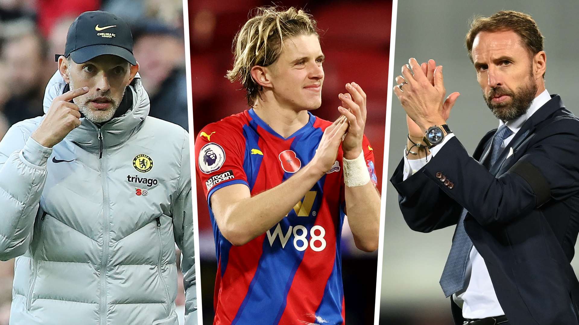 Conor Gallagher with Thomas Tuchel and Gareth Southgate