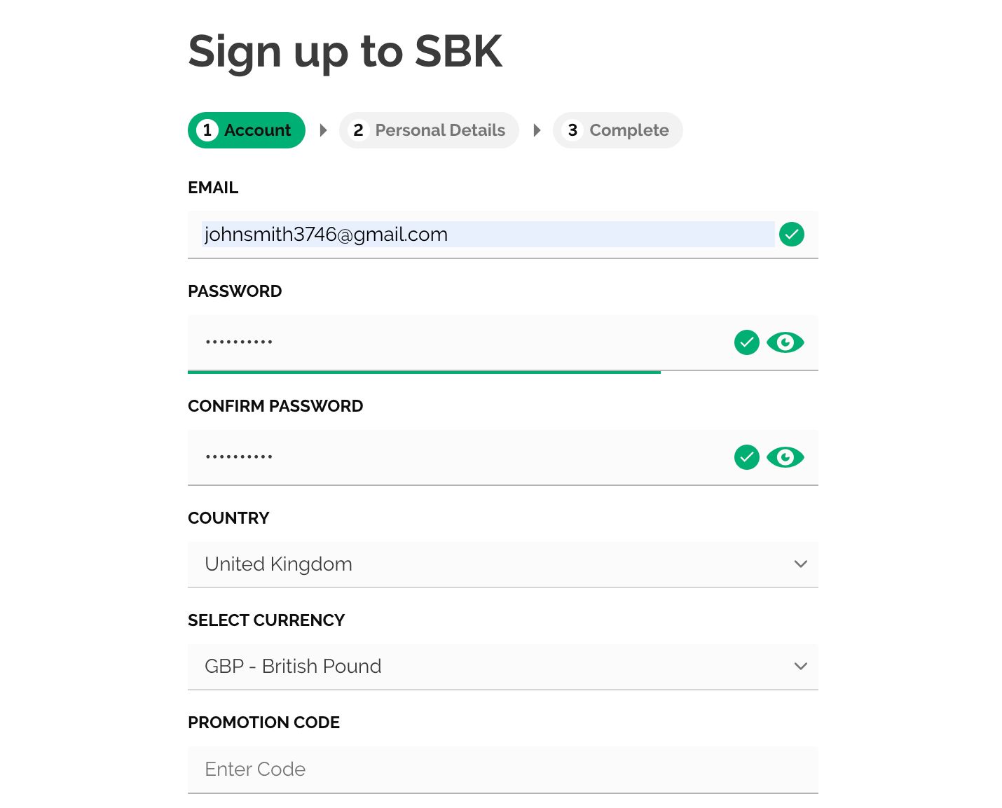 SBK Sign up screen
