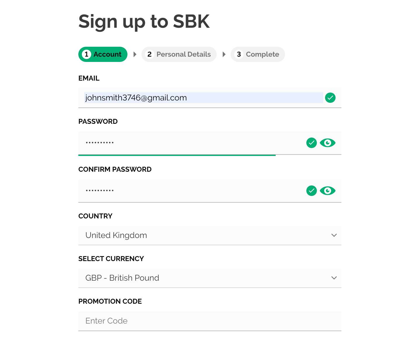 SBK Sign up screen
