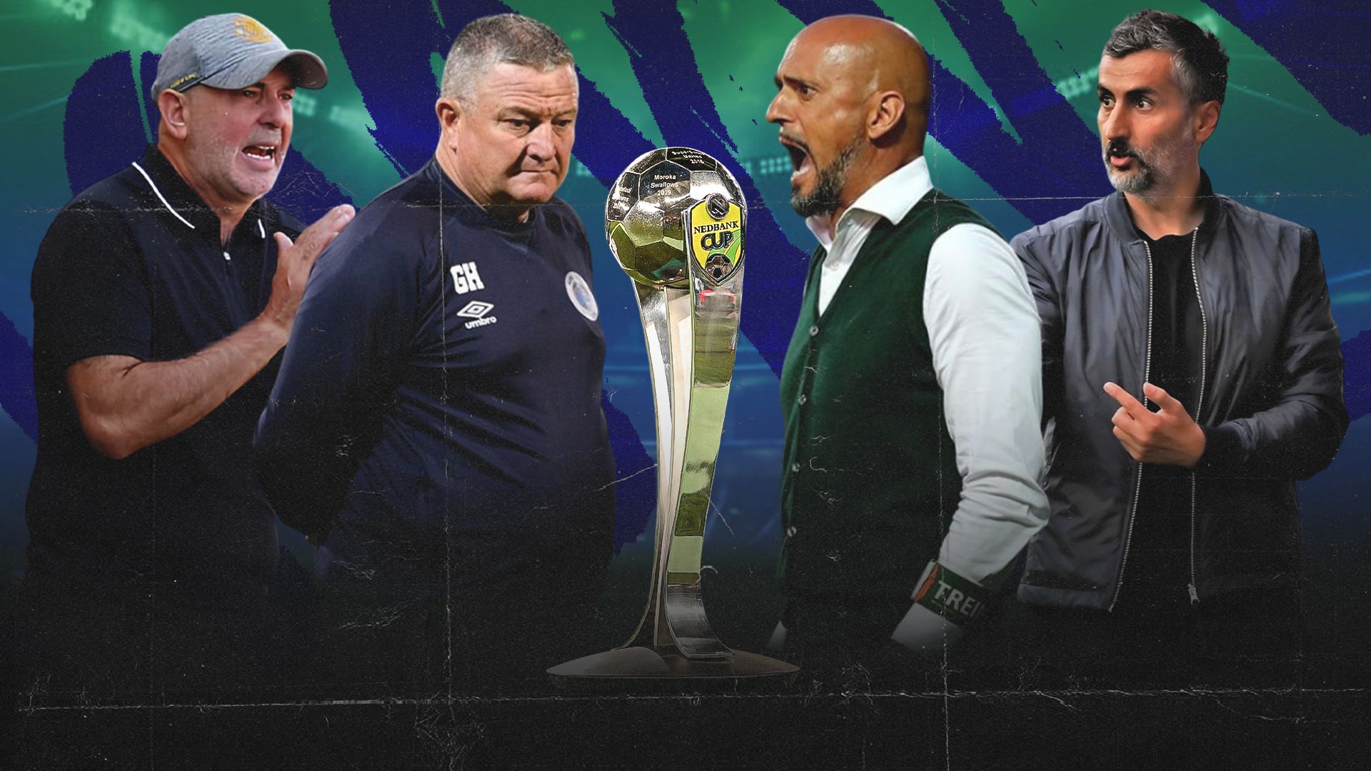 Nasreddine Nabi of Kaizer Chiefs, Jose Riveiro of Orlando Pirates, Miguel Cardoso of Mamelodi Sundowns and Gavin Hunt of SuperSport United 16-9