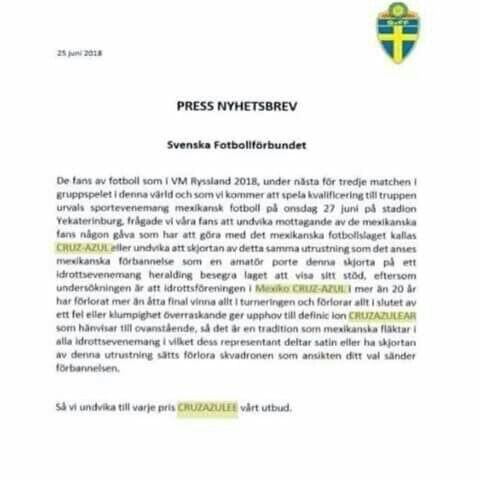 Carta selección sueca Cruz Azul 260618